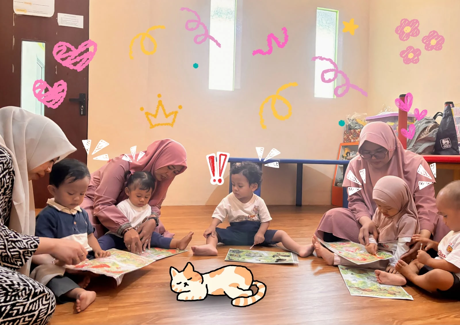 Anak-anak Baby Class Nur Madinah membaca buku besar bersama bunda guru