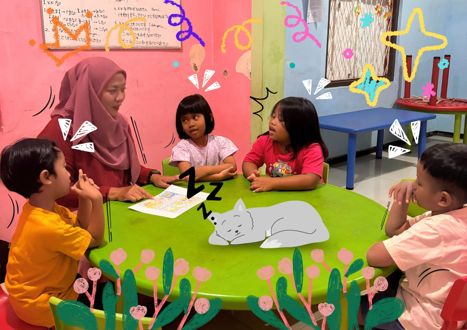 Anak-anak English Class Nur Madinah belajar bersama bunda guru di meja bundar