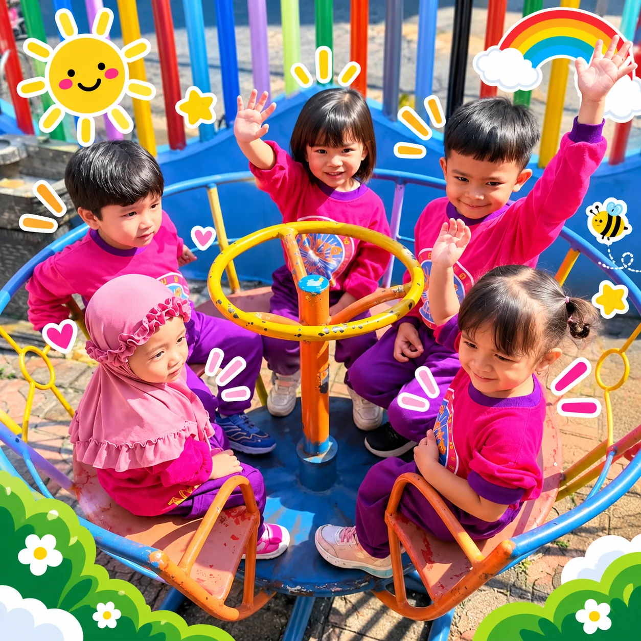 Anak-anak KB Nur Madinah bermain bersama di halaman sekolah