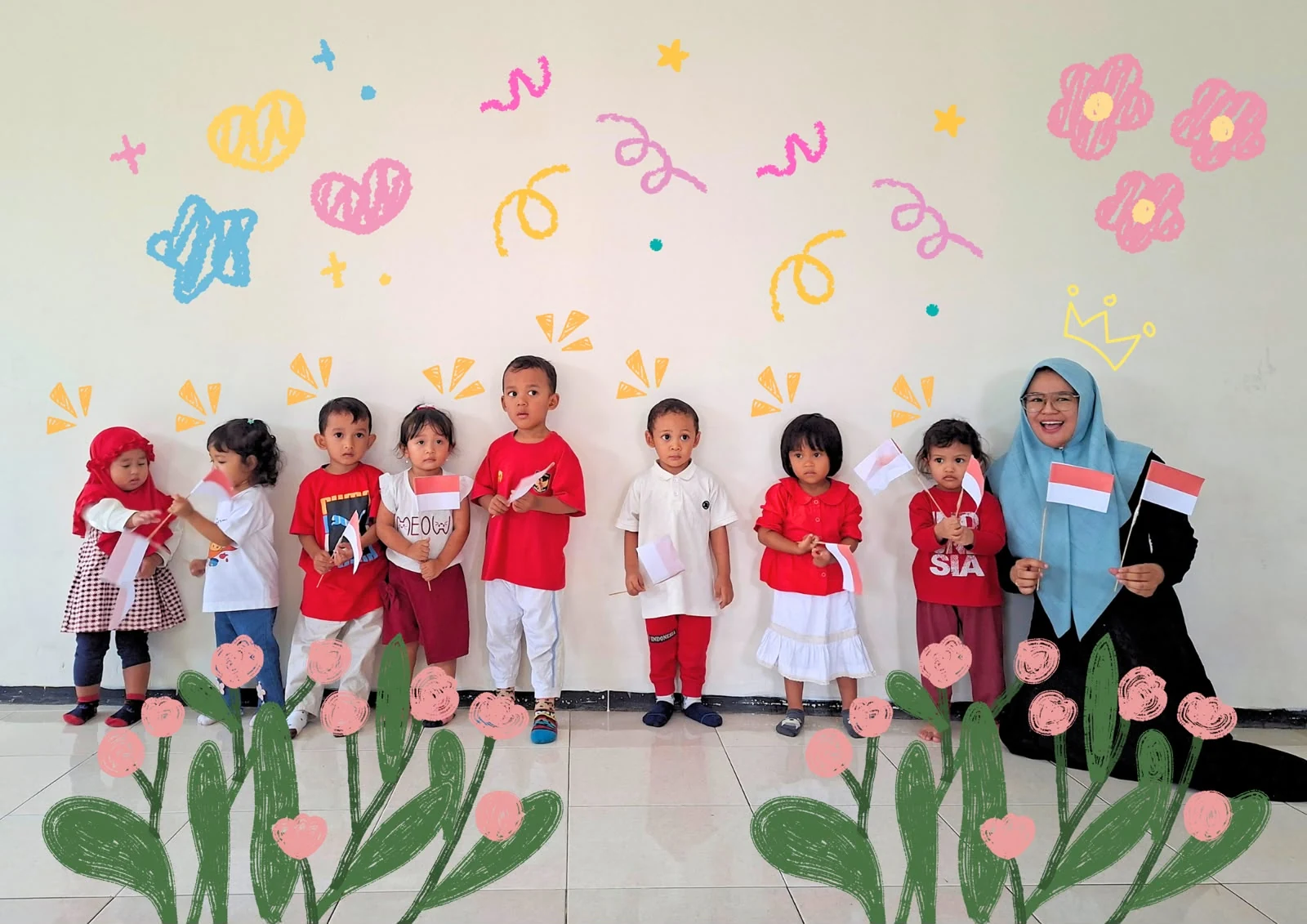Anak-anak Shining Star Nur Madinah berbaris dengan bendera bersama guru